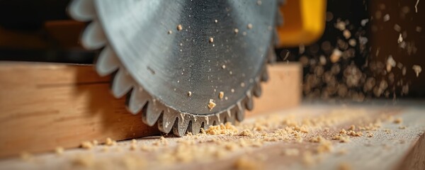 Sharp circular saw blade cuts through thick wooden plank, creating clean precise results. Sawdust flies from powerful rotating tool, forming fine golden particles. Fresh wood chips fall onto timber