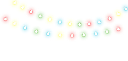 Multicolor Christmas lights. Decorative Christmas garlands. Multicolored Glowing festive Lights Garland String. PNG Transparent background