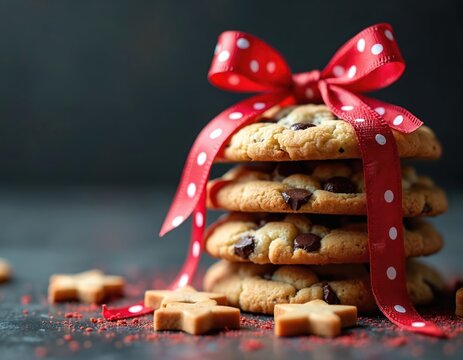 Stack of delicious cookies tied with red ribbon with white polka dots. Festive dessert with chocolate chips ready for gifting on a holiday. Sweet food present.