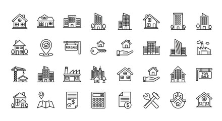 Collection of real estate and construction-related icons and symbols