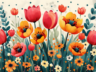 Mother's Day greeting card. Watercolor flowers, tulips and daffodils, festive background. Festive floral concept for greetings and celebrations. Conceptual greeting cards, wedding celebration.