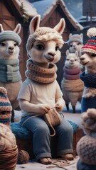 Naklejka premium A lama boy dressed in a white T-shirt, blue jeans and a scarf. He sits, radiating a warm smile, chatting with other lamas. The action takes place in a quaint village.