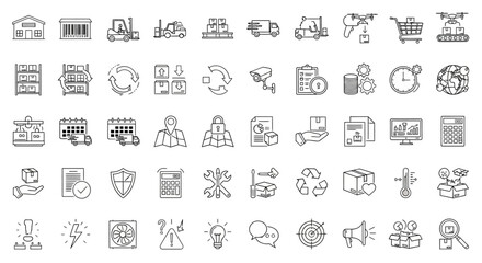 A collection of line art icons representing logistics, warehousing, and delivery services