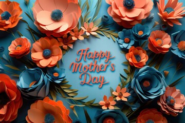 Happy Mother's Day elegant card design with 3D flowers and circular frame on blue background. Festive floral concept for greeting and celebration. Concept greeting cards, celebrating wedding