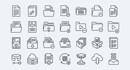 A collection of simple line icons representing digital files, folders, storage, and management