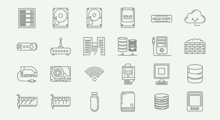 A collection of computer hardware and technology icons, including servers, drives, and cloud symbols