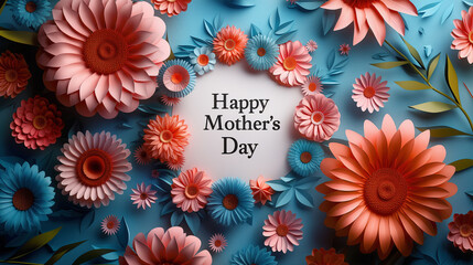 Happy Mother's Day elegant card design with 3D flowers and circular frame on blue background. Festive floral concept for greeting and celebration. Concept greeting cards, celebrating wedding