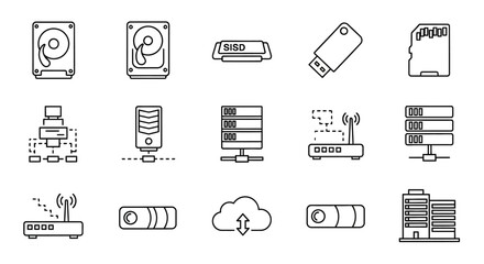 Digital storage and network equipment icons hard drives, USB, SD card, server, router, cloud, projector, building
