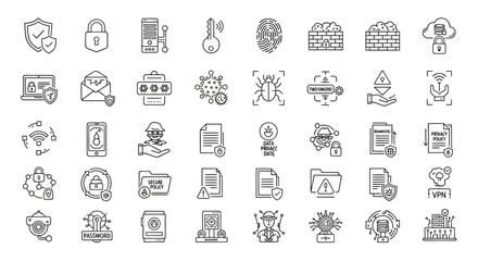 A collection of black and white line icons representing cybersecurity concepts