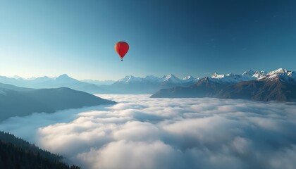Hot air balloon floats over the clouds near snowy mountains. Adventure travel concept for holiday vacation. Beautiful aerial landscape view of snow covered mountain range and valley.