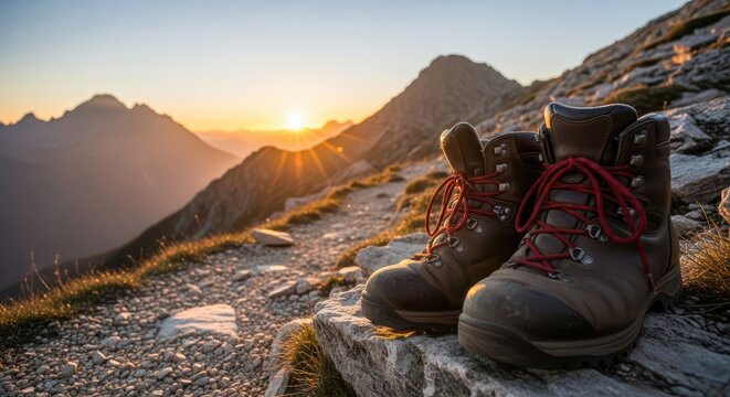 Mountain sunrise with hiking boots on rugged trail