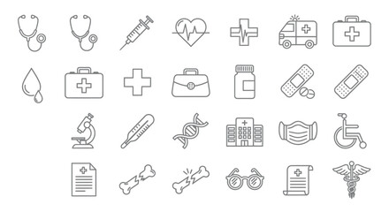 Collection of medical icons including a stethoscope, syringe, heart monitor, ambulance, and hospital