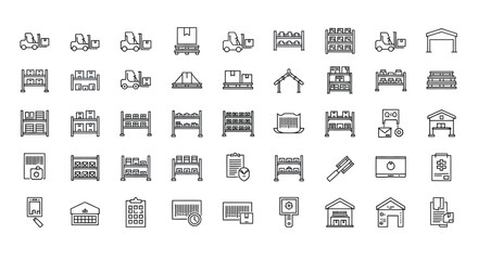 Warehouse icons forklifts, shelves, boxes, buildings, scanner, clipboard, computer