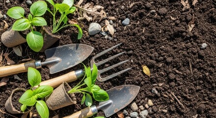 Gardening tools and young basil plants in fresh soil