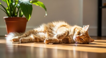Playful orange tabby cat relaxing in sunlit room next to potted plant