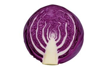Fototapeta premium Half a red cabbage showing vibrant purple leaves and white stem, a fresh vegetable for healthy cooking on transparent background