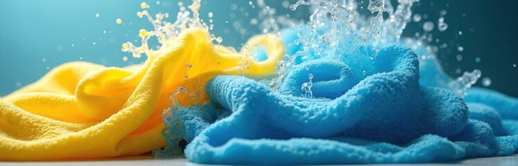 Blue and yellow fabrics splash water. Dynamic visual effect of washing clothes, representing cleanliness and freshness. Concept for laundry care and household cleaning products.