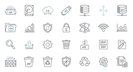 A collection of technology and data management icons, featuring cloud, storage, and security elements
