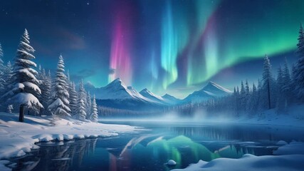 Arctic center aurora borealis northern lights mountains sea with reflection lake red boat and forest - Powered by Adobe
