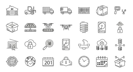 Collection of icons representing logistics, data, and security systems