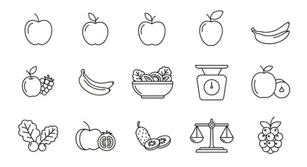 A collection of simple line art icons representing fruits, vegetables, and scales for measuring weight, suggesting health and nutrition