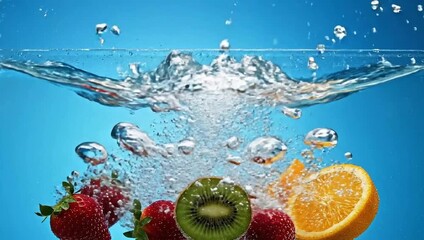 A view of strawberries, kiwi, and orange slice partially submerged in clear water - Powered by Adobe