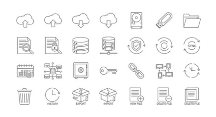 Collection of digital data icons clouds, storage, security, files, and actions
