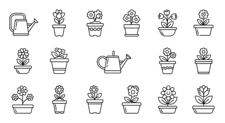 A collection of simple outline icons featuring various potted flowers and a watering can