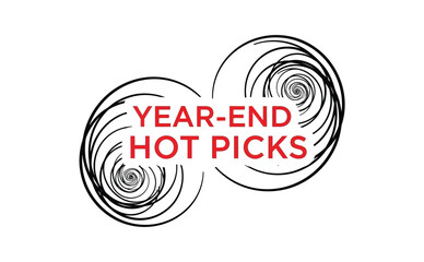 Year-End Hot Picks text with abstract artistic swirls on white background.