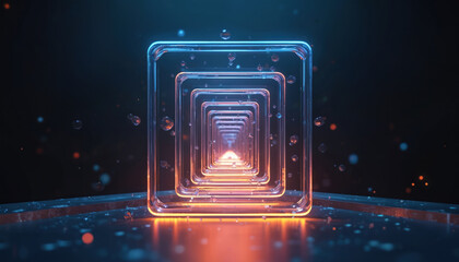 Abstract 3D digital art visual. Glowing neon square frames tunnel effect creates depth. Futuristic design with light reflections and particles. Digital innovation and technology concept is presented.