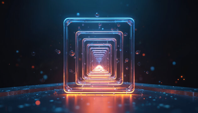 Abstract 3D digital art visual. Glowing neon square frames tunnel effect creates depth. Futuristic design with light reflections and particles. Digital innovation and technology concept is presented.
