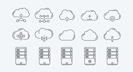 Cloud and server icons connectivity, upload, download, power, and data storage symbols
