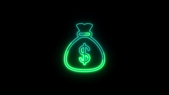 Neon money bag glowing isolated on alpha channel transparency. Symbol animation for finance and business.
