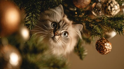 Curious fluffy cat hiding in Christmas tree decorated with golden ornaments