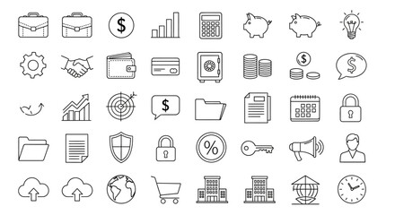A grid of financial and business related icons in black and white outline style