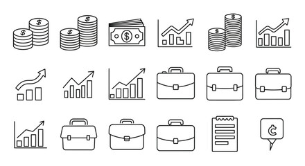 Collection of financial and business icons coins, cash, graphs, briefcases, and clipboard