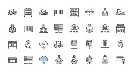 Set of icons representing warehouse, delivery, data storage, and security