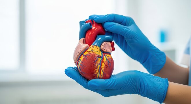 Gloved hands holding anatomical heart model in medical setting