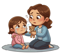 Mummy trying to calm child. Cartoon illustration of mother comforting her small, crying daughter who is holding teddy bear. Comforting mom, mother's consolation. Wipe away tears. Empathy and support