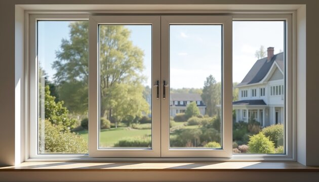 New large modern window frame inside a home with bright sunny day view. Green trees and a big suburban house are visible outside. A light wooden windowsill sits below the new window in the room.