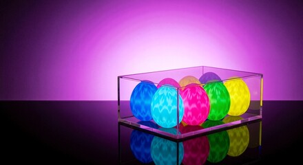Glowing neon easter eggs in a clear box on a reflective surface. Modern futuristic holiday decoration. Vibrant colorful celebration background