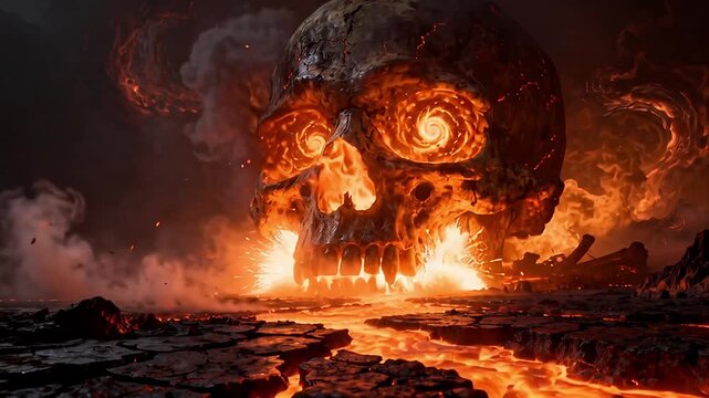 Fiery Skull with Burning Eyes and Lava Landscape in Dramatic Inferno Scene