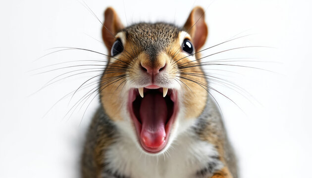Close up photo of screaming grey squirrel with open mouth. Cute fluffy animal with sharp teeth on white backdrop. Wildlife portrait. Funny wild mammal isolated. Squirrel facial expression.