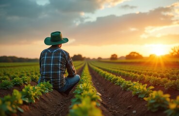 Fototapeta premium Farmer in hat crouches in rows of green plants. Man looks at golden sunset over cultivated field. Rural landscape shows farm growth. Peaceful end to agricultural work day.
