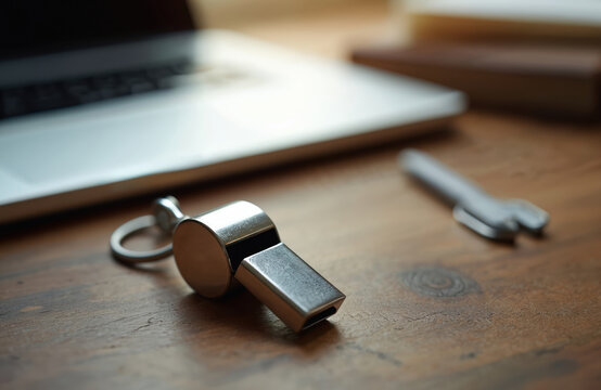 Metal whistle rests on desk near laptop. Represents ethical conduct, anti-corruption, speaking truth. Law, reporting crime, whistleblowing act in corporate. Protection for whistleblower in workplace