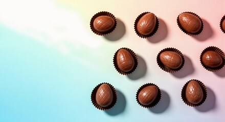 Fototapeta premium Chocolate easter eggs flat lay. Top view of sweet candy treats on colorful background. Spring holiday celebration with copy space