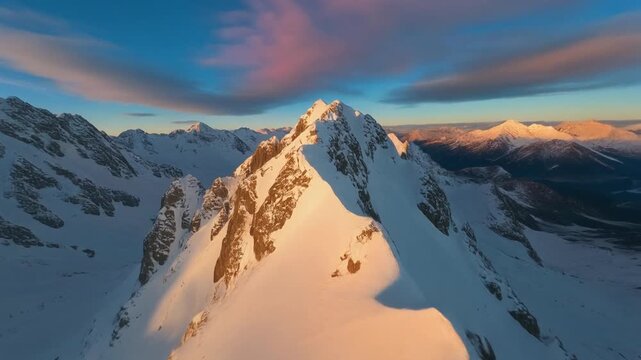 top of mountain with snow colorful clouds and sun light
