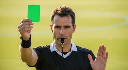 Male referee holding green card during a soccer game. Fair play and sportsmanship concept with official showing card to player.