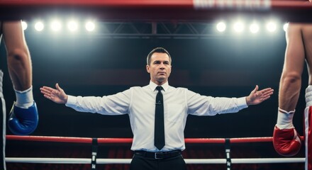 Referee standing between two boxers in a ring. Sport competition concept with man in formal attire officiating the boxing match.