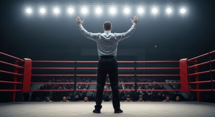 Boxing referee standing with arms raised in a boxing ring under bright stadium lights. Concept of victory, competition, and sports officiating.